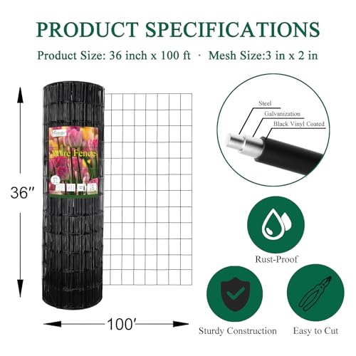 Black PVC Coated Welded Wire Fence 36" x 100' Roll, 2"x3" Mesh, 16 Gauge | Vinyl Coated Garden Fencing, Yard & Pet Barrier, Chicken Wire Fencing, Dog Enclosure Mesh, Vegetable Plant Protector - color: Black, size: 2''x3'' 16GA 36''x100'
