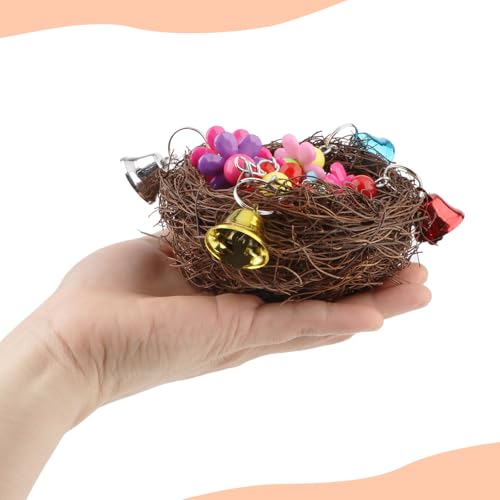 Hypeety Natural Rattan Nest Bird Swing Toy Colorful Flowers Bells for Budgie Parakeet Finch Lovebird Cockatiel (C) - color: C