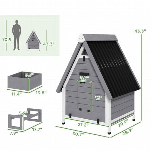 PawHut Chicken Coop for 2 Hens, Outdoor Wooden House, 31" x 29" x 43", Grey | Removable Nesting Box & Roosting Bar, Tray, Ramp, Chicken House, Poultry Cage Rabbit Hutch