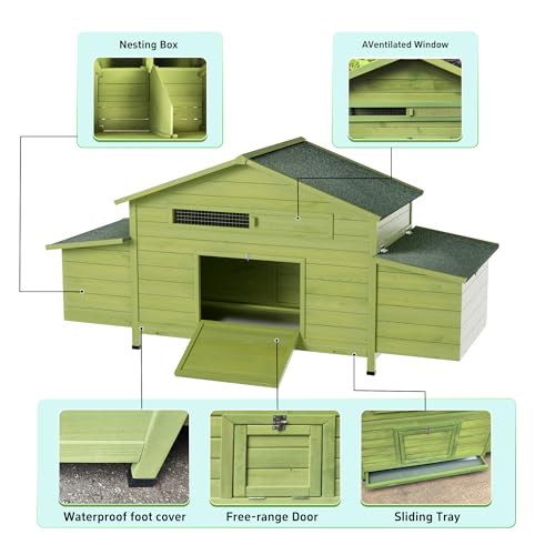 YOPTO Wooden Chicken Coop, 70 in, 2 Nesting Boxes, Green | Solid wood, Waterproof roof, 2 nesting boxes, Pull-out tray, Lockable doors, Ventilated design, Chicken perch - size: 70.0"L x 27.9"W x 31.8"H