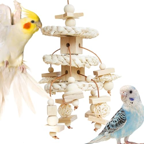 Natural Bird Toys for Quaker Parrot, Lovebird, Parakeet, Cockatiel & Conure – for Chewing, Shredding & Foraging, Corn Husk, Wood & Vine with Leather Cord for Small & Medium Birds - style: Corn Husk