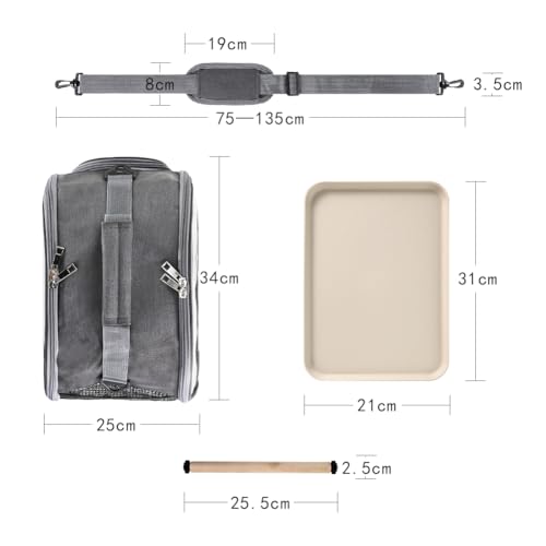 Small Bird Travel Carrier Cage Portable Bird Parrot Parakeet Cockatiel Travel Carrier Bag Lightweight Birds Backpack with Standing Perch and Stainless Tray for Vet Visit Side Access Window - color: gray