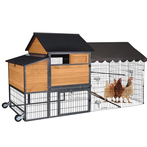 AIVITUVIN Chicken Coop Mobile for 6-8 Chicken Large Chicken House with Metal Frame Chicken Tractor with Wheels Wood Hen House Poultry Cage - size: 85.6"L x 40.6"W x 48.2"H
