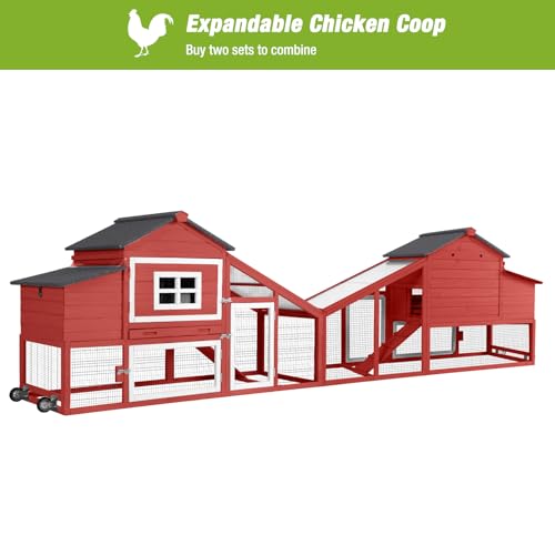 GUTINNEEN Chicken Coop with Wheels Mobile Outdoor Hen House Weatherproof Duck Cage with Large Nesting Box, Leak-Proof Tray, UV-Resistant Roof for 2-4 Chickens (Red) - color: Red