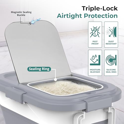 Home & Hearthly Collapsible Rice Storage Container 25–35 lbs, Airtight, Space-Saving Food Storage Bin with Wheels and Measuring Cup, Easy-Pour Grain Dispenser for Rice, Flour and Pet Food