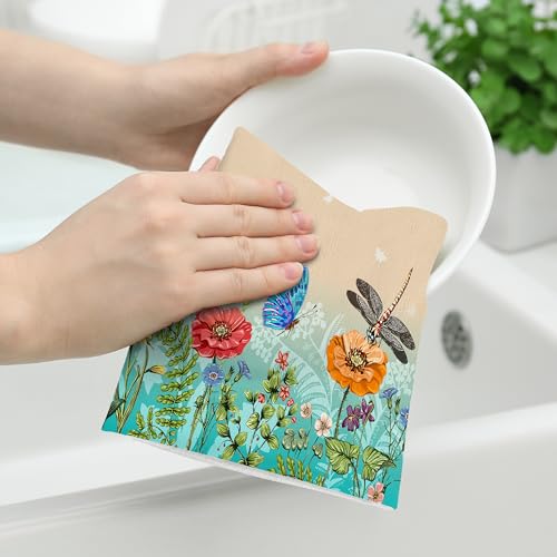 Dragonfly Floral Kitchen Towel Decorative Set of 2 Tea Towel 16"x24" | Soft Absorbent Spring Summer Kitchen Decor Bloom Flowers Dish Towels for Kitchen Drying Farmhouse Bathroom Home Decor - color: Dragonfly Floral