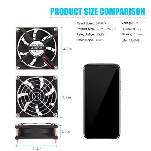 2-Pack 80mm x 25mm DC 12 Volt Fans 2-Pin Brushless Replacement Cooling Fan - size: 80x80x25mm