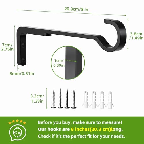 Saffruff 8 Inch 2 Pack Black Heavy Duty Outdoor Plant Hangers, Iron Hanging Plant Brackets for Hanging Plants Outside, Metal Plant Hooks Plant Wall Hooks for Hanging Lantern, Bird Feeder - color: Black, size: 8 Inches