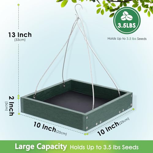 Gtongoko WPC Composite Platform Bird Feeder Hanging, Large 3.5 lbs Capacity, Durable, Seed Tray Bird Feeder for Outdoors with Metal Mesh Bottom Weather-Resistant for Garden Yard, Green