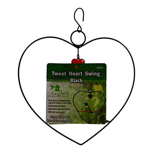 Tweet Heart Hummingbird Swing - Black - Wooden Dowel | Decorative Jewel Heart - Hummingbirds Guard Their Feeder - Black Metal Frame - color: Black