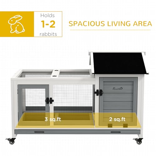 PawHut Wooden Rabbit Hutch with Wheels for Rabbits Indoor Outdoor Gray | Large Bunny Hutch, with Run, Slide-Out Tray, for Small Animals, Chickens, Ducks, Guinea Pig - color: Gray
