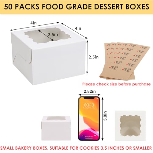 Moretoes 50pcs Small Cookie Boxes with Window, 4x4x2.5In White Bakery Boxes | Food-grade Treat Boxes with 5pcs Stickers for Small Cookies, Treats, Desserts, Chocolate Covered Strawberries, Mini Cake - color: White