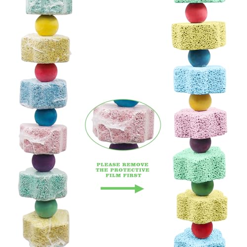 2 Pack Bird Chewing Toy, Colorful Parrot Beak Grinding Calcium Stone with Bells, Cage Accessories for Cockatiels Parakeets Parrots Budgies Lovebirds Rat Hamster Chinchilla Rabbit Bunny African Grey - color: Multi-colored, size: 13.77 inch Long