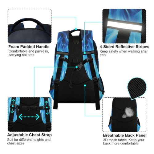 Kids Blue Flame Backpack for Boys Girls School Bags | Elementary Middle, Travel Daypack Lightweight Waterproof with Reflective Strip - color: Blue Flame