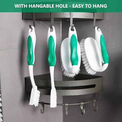 Scrub Brush Set, 4 Pack Deep Cleaning Brush Kit, Green | 2 Scrub Brush, 2 Tile & Grout Brush with Built-in Scraper, Household Commercial Scrubber for Floor, Shower, Pool Wall, Tub - color: Green