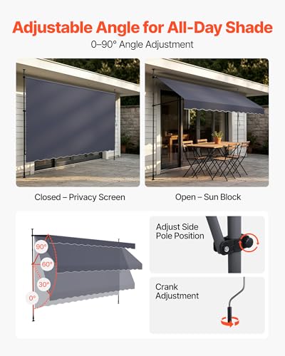 VEVOR Manual Retractable Awning, 157" x 59" Outdoor Patio Awnings Sunshade Shelter with 43"-59" Retractable Side Bar, No Drill Height Adjustable, Crank Handle for Backyard, Balcony, Dark Gray - size: 157x59 in
