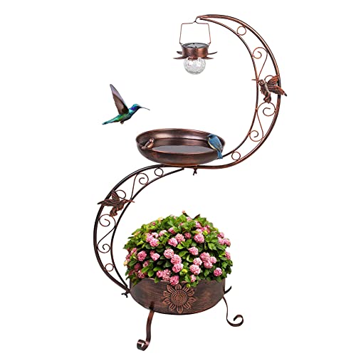 VEWOGARDEN S Bird Baths for Outdoors Metal Standing Bird Bath with Solar Lamp Vintage Garden Birdbaths with Flower Planter Pedestal(36" H * 19.6" W) - color: Antique Bronze