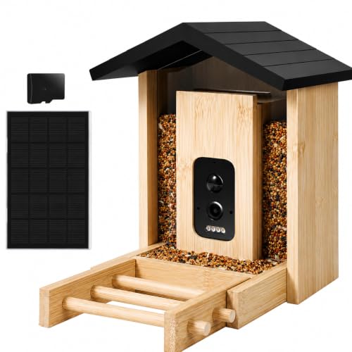 Smart Bird Feeder with Camera, 2.5K HD Camera Bird Feeder, AI Identify, Solar & Battery Powered, Auto Capture & Notify in Time, Bamboo Wooden, Ideal Gift for Family(1.55L)
