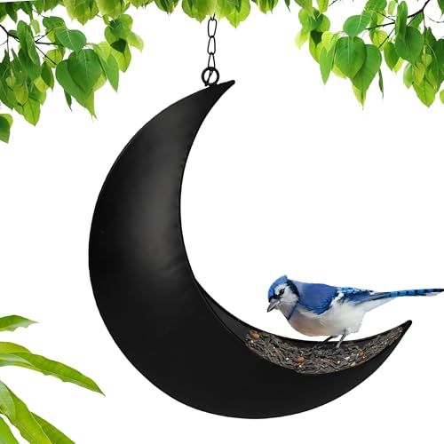 Hanging Moon Bird Feeder – Unique Metal Bird Feeders for Outdoors, Black Rust-Resistant, – Wild Bird Feeder for Bluebirds, Cardinals, Finches, and Backyard Birdwatching (Black) - color: Black