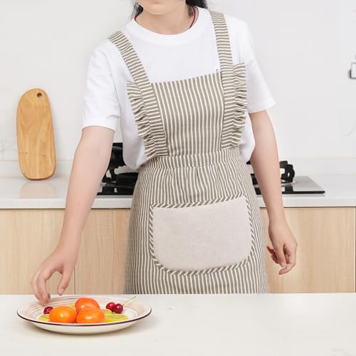 Cute Cotton Apron for Women, Adjustable Bib Cooking Kitchen Aprons with Pockets for BBQ Drawing Baking - color: Grey