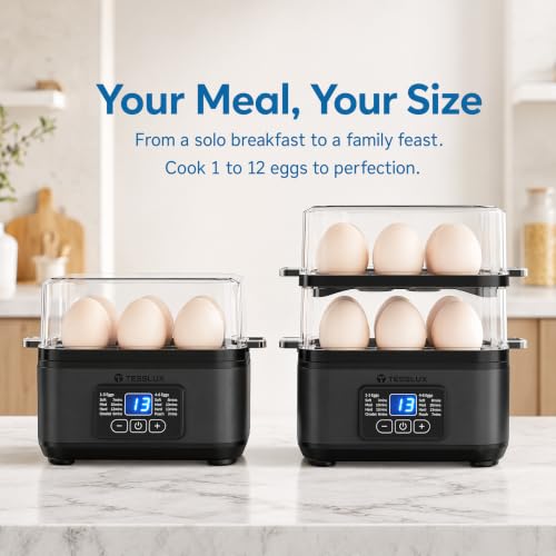 Tesslux Egg Cooker, Dual Layer 12 Egg Boiler, Soft Hard Poached, Black | LED Countdown Timer, Touch Control, Poaching Bowl, Omelet Maker, Two Trays, Vegetable Steamer, Auto Shut-Off, Buzzer Alert - color: Black