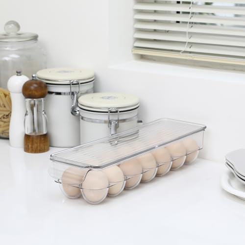 Sea Team Stackable Clear Acrylic Refrigerator Egg Tray, 14-Slot, 2-Pack | Transparent Design, Crystal Visibility, Lidded, Versatile Egg Organizer Dispenser for Fridge and Kitchen Countertop Storage - size: 14.6 x 4.3 x 5.5" / 2-Pack