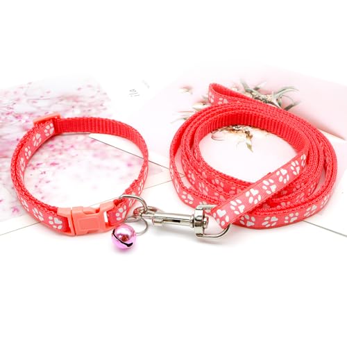 XS Dog Collar with Bell Leash Set,Puppy Cat Kitten Collars, Bright Red XXS | Paw Print Reflective Dog Collar Leash Set with Bell, Basic Nylon Boy Girls Pet Collar Adjustable For XXS XS S Tiny Puppies - color: watermelon red