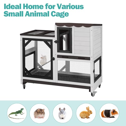 Rabbit Hutch Indoor for 2-4 Rabbits & Guinea Pigs，Bunny Cage with Slide-Out Plastic Trays，Wooden Small Animal Cage for Rabbits, Bunnies, and Guinea Pigs (Black) - color: (White & Black-AIR7013)