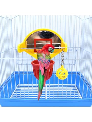 Bird Basketball Toy with Mirror Hanging Foraging Chew Ball Interactive Intelligence Training Toy for Budgies Parakeets Cockatiels Conure Easy to Install