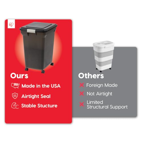 IRIS USA Dog Food Storage Container, Up to 58 lbs, Smoke Black, Made in USA | Wheels for Mobility, Airtight Seal, BPA-Free, Best for Bird Seed, Cat food, Cat Litter, Chicken Feed, Pellets - color: Smoke, size: 58 lbs