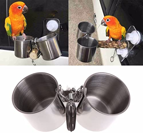 Litewoo Stainless Steel Bird Feeding Cups with Clip for Parrot Cage | 304 stainless steel, durable & rustproof, clip-on design prevents tipping, for parakeet/cockatiel/conure, 2 cups