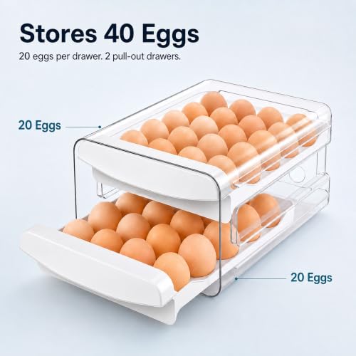 Egg Holder for Fridge, 40-Egg Refrigerator Organizer with Drawers | Egg Storage for Refrigerator, Clear Egg Container, 2-Tier Egg Tray for Fridge, Stackable Lid, BPA-free PET and PP, Hand Wash.