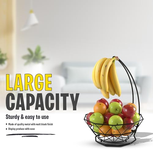 Fruit Basket with Banana Hanger, Fruit Bowl with Banana Holder, Fruit Bowl for Kitchen Counter used as Bread Basket, Vegetable Basket, Fruit Stand or Egg Holder with Bananatree - size: 1-Tier