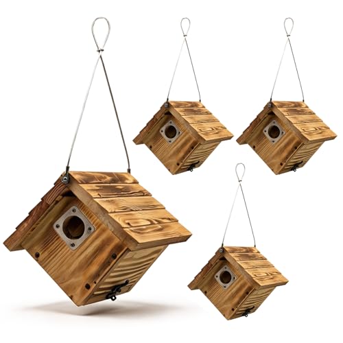 Wren Bird Houses for Outside, 4 Pack Wren House with Metal Predator Guard | Fully Assembled Wooden Hanging Birdhouse for Outdoors, Birds Nesting Box for Small Bird, Natural Wood