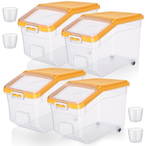 4 Pcs Rice Storage Container 28 lb Airtight Flour Container with Wheels Measuring Cup Clear Pet Dog Birds Cat Food Bin Grain Cereal Organizer Box for Dry Baking Supplies(Yellow Lid) - color: Yellow Lid, size: 28 lb