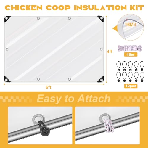 4x6ft 16Mil Chicken Coop Covers for Winter,Thickened Waterproof Clear Tarp | Heavy Duty Waterproof Clear Tarp for Chicken Run Insulation,Chicken Coop Winterizing Vinyl Cover,with Elastic Cords&Rope - size: 4x6FT