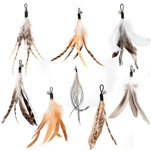 miwoowim 8PCS Natural Unstained Feather Refills for Cat Teaser Wand Toys | Handcrafted, non-toxic attachments with bells. Standard replacement fits most wands easily.interactive kitty teaser heads - color: 8 PCS Feather Refills