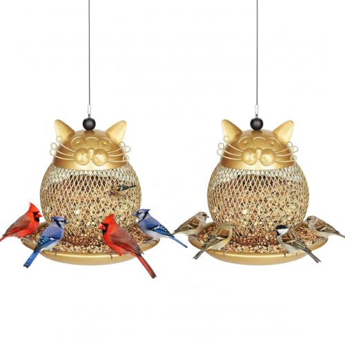 Cedar Alpha Cat Grandpa Wild Bird Feeder Squirrel Proof Hanging Bird Feeder for Outside, Peanut and All Kinds of Seeds,Yard Garden Decor,Set of 2, Color: Gold
