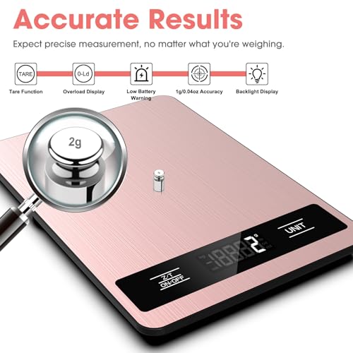 Food Scale, 11lb Digital Kitchen Scale Weight Grams and Ounces for Baking, Cooking and Meal Prep, 1g / 0.1oz Precise Graduation with 6 Units and Tare Function, LCD Display & Stainless Steel