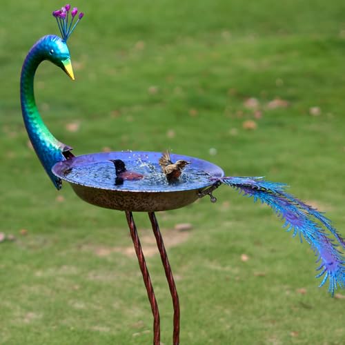 12.8" W*38.2" H Peacock Bird Bath,Metal Bird Bath Bowl,Outdoor Bird Bath | Bird Baths for Outdoors, Metal Bird Feeder Seed Trayr,Garden Lawn Yard Decor - color: multicolor-B