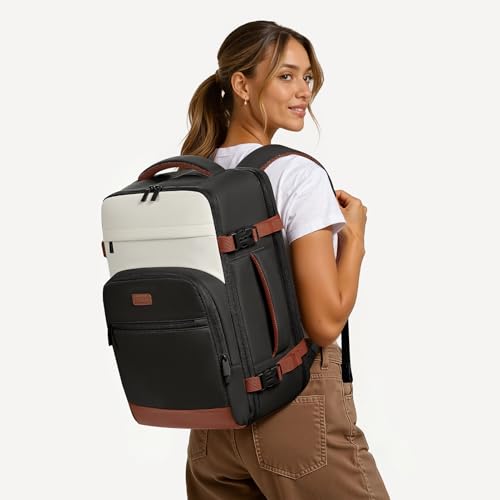 40L Travel Backpack for Women & Men: Flight Approved Carry On Backpack, TSA Personal Item Bag with Water Bottle Pocket, Weekender Essentials Backpacks fits 17" Laptop - Black White Brown - color: Black White Brown, size: X-Large