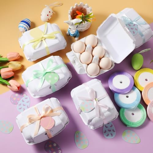 Fullhawl 24 Pcs Half Dozen Egg Cartons White Egg Holder Natural Pulp Paper for Chicken Eggs with Macaron Color Label Ribbon for Easter Gift, Arts and Crafts Reusable - style: Rectangle
