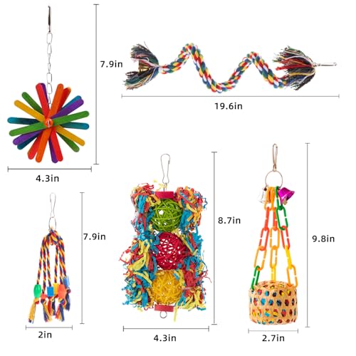 Bird Toys Parakeet Toy Parrot Chewing Shredding Foraging Toys with Rope Perch Hanging Toys Bird Cage Accessories for Cockatiel Conure Budgies Lovebird 5 Pack