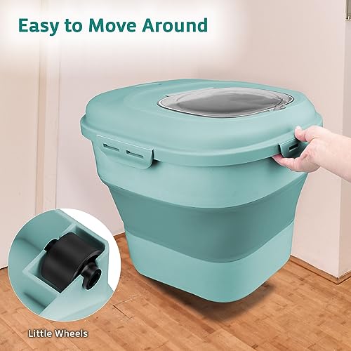 Rice Storage Bin Cereal Containers, 13-50lb Collapsible Rice Container Dispenser with Transparent Lid, Rolling Wheels, Measuring Cup and Scoop, Airtight Dog Cat Pet Food Storage Container Green - color: Green