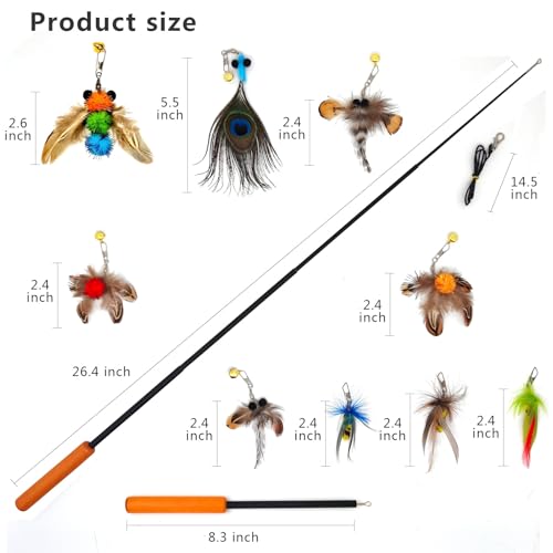 miwoowim 10PCS Retractable Cat Wand Toy with Natural Feather Insect Refills | Sturdy wooden handle with 4-section telescopic rod (8.3"-26.4"). Interactive Kitty Toys on a Stick.Promotes healthy exercise - color: 10 PCS Retractable Wand Feather Insects