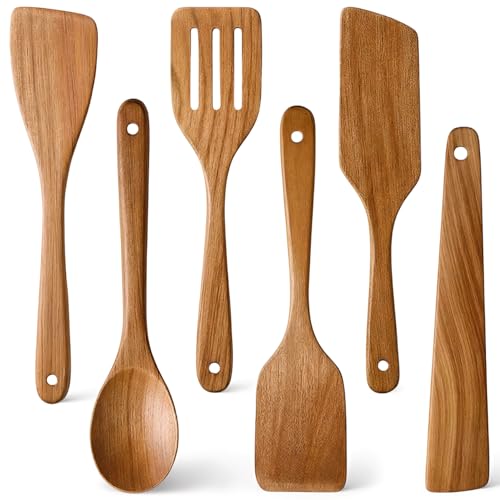 6 Pack Acacia Wood Spatula Set Non Toxic Kitchen Utensils for Cooking Spoon | Flat Wooden Wok Spatula Spurtle Kitchen Spoon Slotted Turner Scraper Bamboo Cooking Utensil Set Fish Egg Flipper Spatulas - color: 6Pcs-Utensils