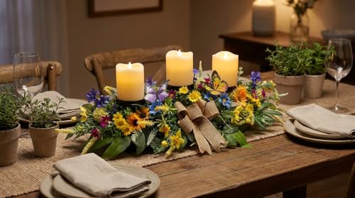Svndlyn Floral Candle Holder Centerpiece with Butterflies and Wildflowers | Colorful Daisies, Sunflowers, Burlap Bow and Greenery for Table, Mantel and Spring Summer Decor