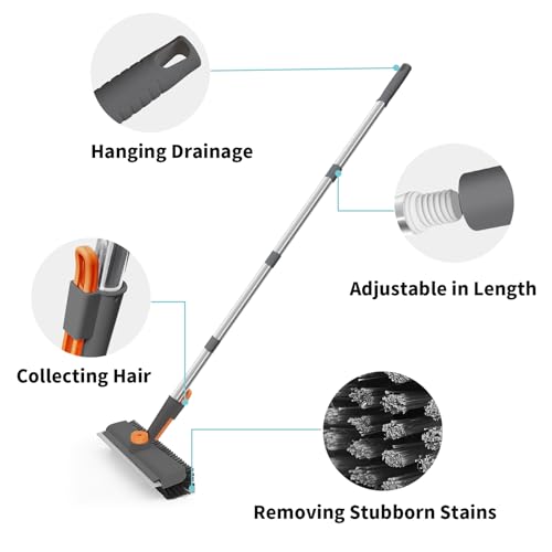 AIR U+ Floor Scrub Brush with Long Handle, 3-in-1 Rotating Head & Squeegee | Stiff Dual-Sided Bristles for Shower, Bathroom, Kitchen and Patio, 30–50 In Handle for Easier Stand-up Cleaning, Gray - color: Gray, size: 1 PACK