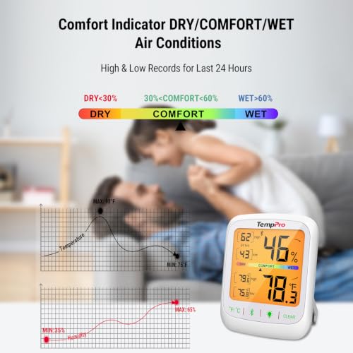 TempPro TempAir Bluetooth Hygrometer Thermometer with Large Backlit LCD | 260 ft Wireless Remote Temperature and Humidity Monitor, Indoor Room Thermometer and Humidity Gauge with Max Min Records