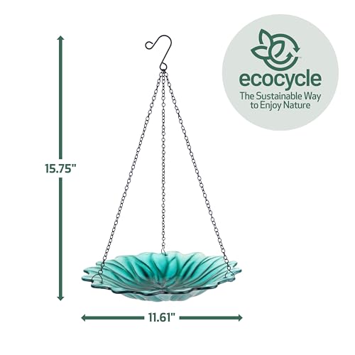 11" Recycled Glass Hanging Combination Bird Feeder and Bath for Wild Birds and Outdoor Décor, 0.625 Quart Capacity, Turquoise Dahlia Floral Design, Hanging Chains Included